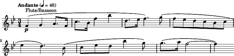 
  \relative c' { \clef treble \time 3/4 \key bes \major \tempo "Andante" 4 = 48 f4(\p^"Flute/Bassoon" g a8. f16 | c'8. bes16 f'4 bes | d,8. ees16 f4.) g8( | f ees d c bes c | ees4 d4.) bes8( | c[ ees d] bes'4 g8) | g8.( a16 f2~ | f4) }
