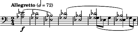  \relative c' { \clef bass \time 2/4 \tempo "Allegretto" 2 = 72 <ees aes,>2(\f | <des ges,> | <bes ees,>) | << { <des ges,>( | <bes ees,> | <des ges,> | <bes ees,>) } \\ { s2 | s2 | ges8( ees ges4 | ees ges8 ees) } >> } 