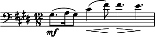  \relative c' { \set Staff.midiInstrument = #"cello" \clef bass \time 12/8 \key e \major gis8.\mf( a16 gis8) cis4(\< fis8\!) fis4.\> e\! } 