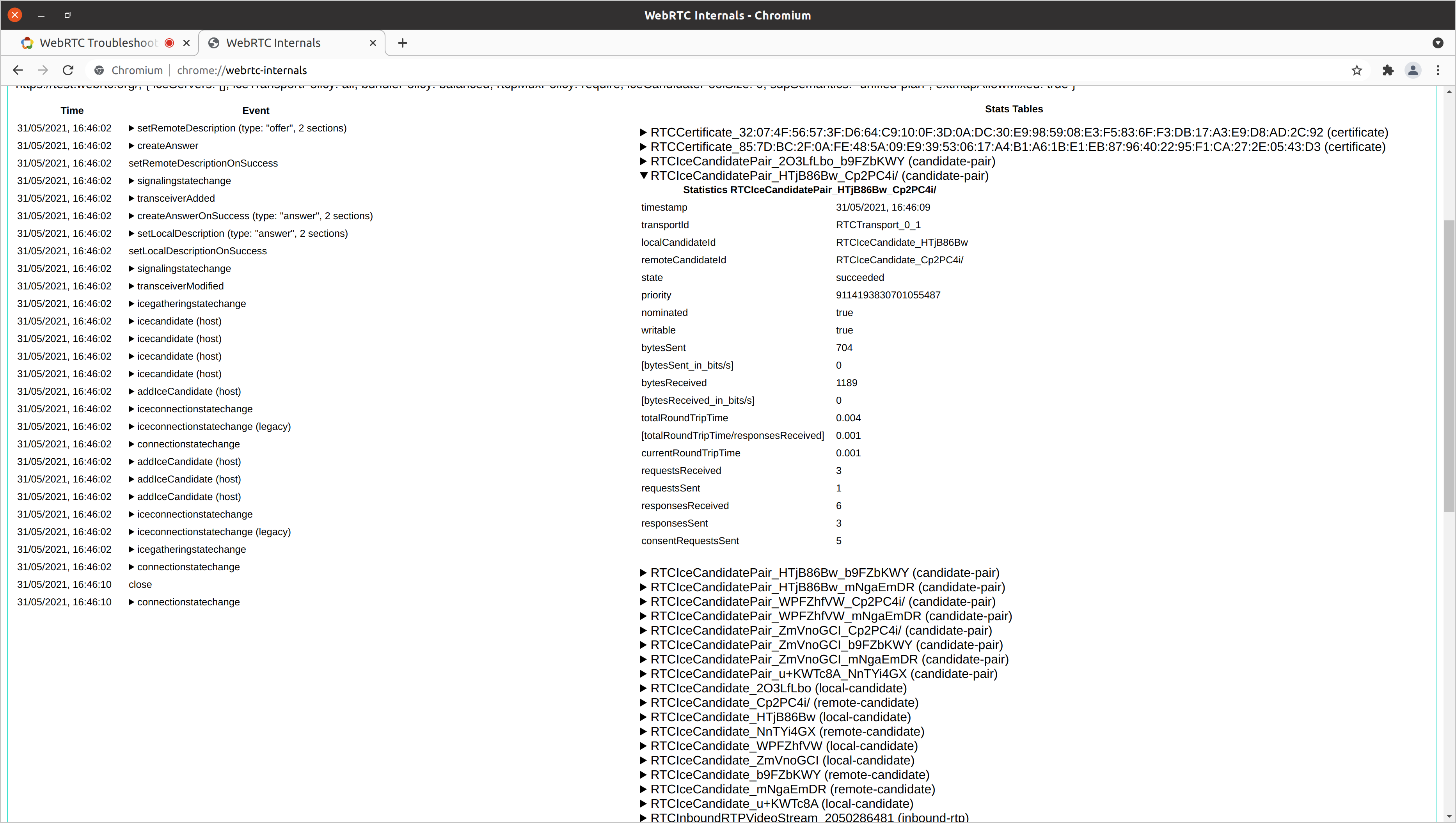 screenshot of Chromium's WebRTC debugging UI