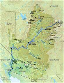 A map of the Colorado River Basin, with the locations of major dams indicated.