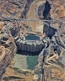 Aerial view of a partially complete Glen Canyon Dam