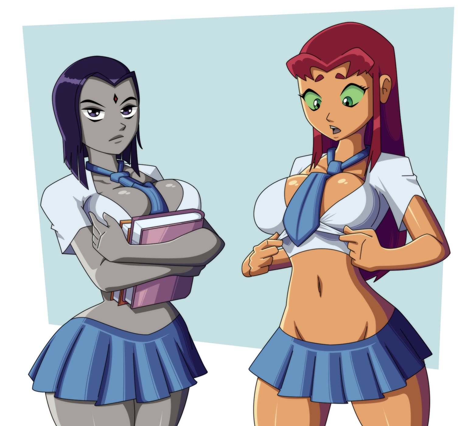 Raven and Starfire in schoolgirl outfits 